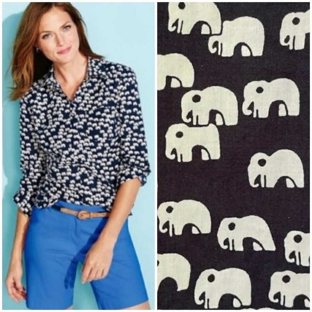 💕TALBOTS💕 Button Down Long Sleeve Shirt Navy Blue Elephant Print Large Petite